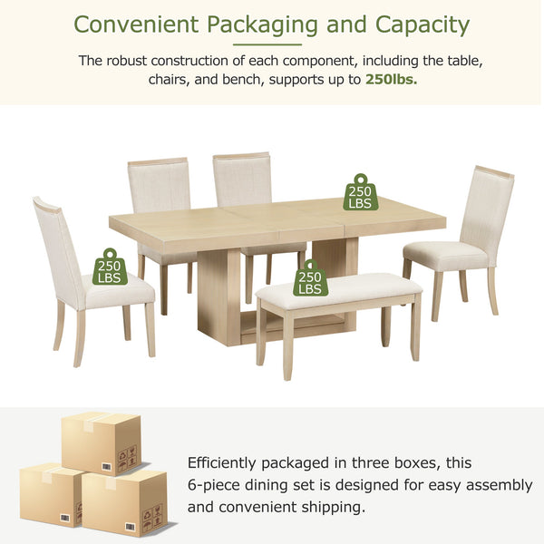 TOPMAX Contemporary 6-Piece 78inch Extendable Pedestal Dining Table Set with 18inch Removable Leaf and Dining Bench, 4 Upholstered Dining Chairs, Natural