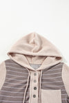 Gray Textured Knit Waffle Patchwork Striped Henley Hoodie