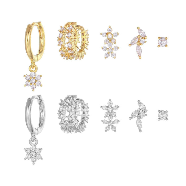 5 Pieces Floral & Geometric Zirconia Earring Set