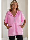 Bonbon Half Zipper Kangaroo Pocket Short Sleeve Hoodie