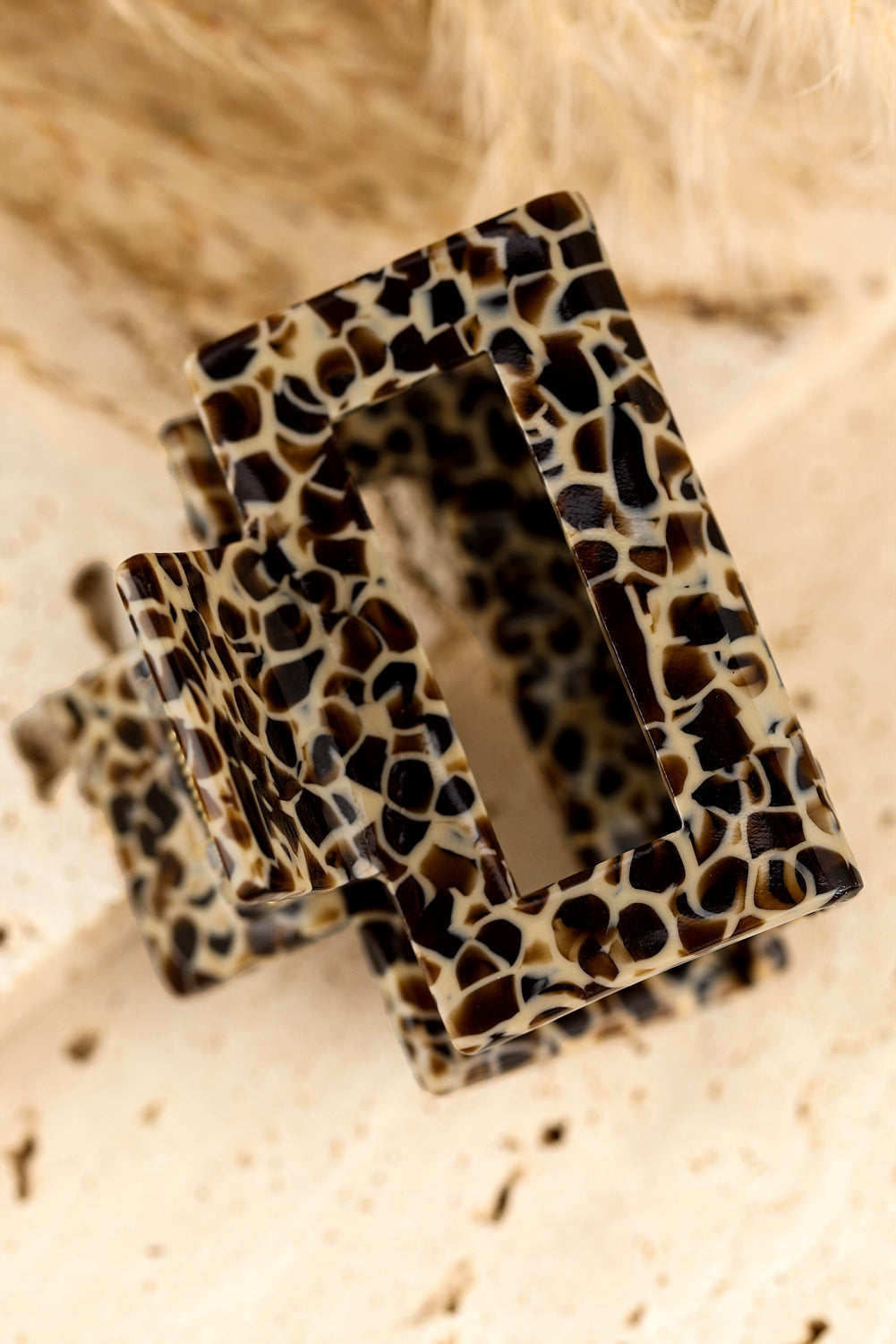 White Leopard Print Cutout Square Hair Claw