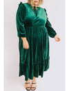 Blackish Green Frill Neck Velvet High Waist Plus Size Dress