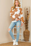 Khaki 60s Floral Pattern Ribbed Trim Pullover Sweater