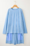 Light Blue Plus Size Ribbed Long Sleeve Top and Drawstring Shorts Set