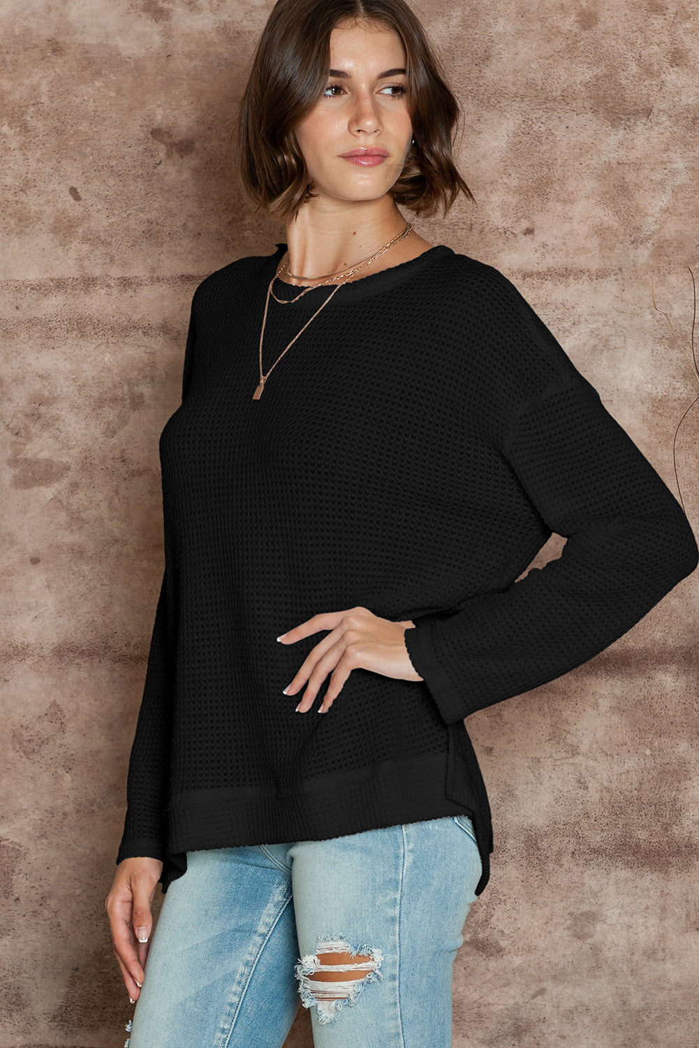 Gray Waffle Knit Drop Sleeve Side Slits Oversized Top