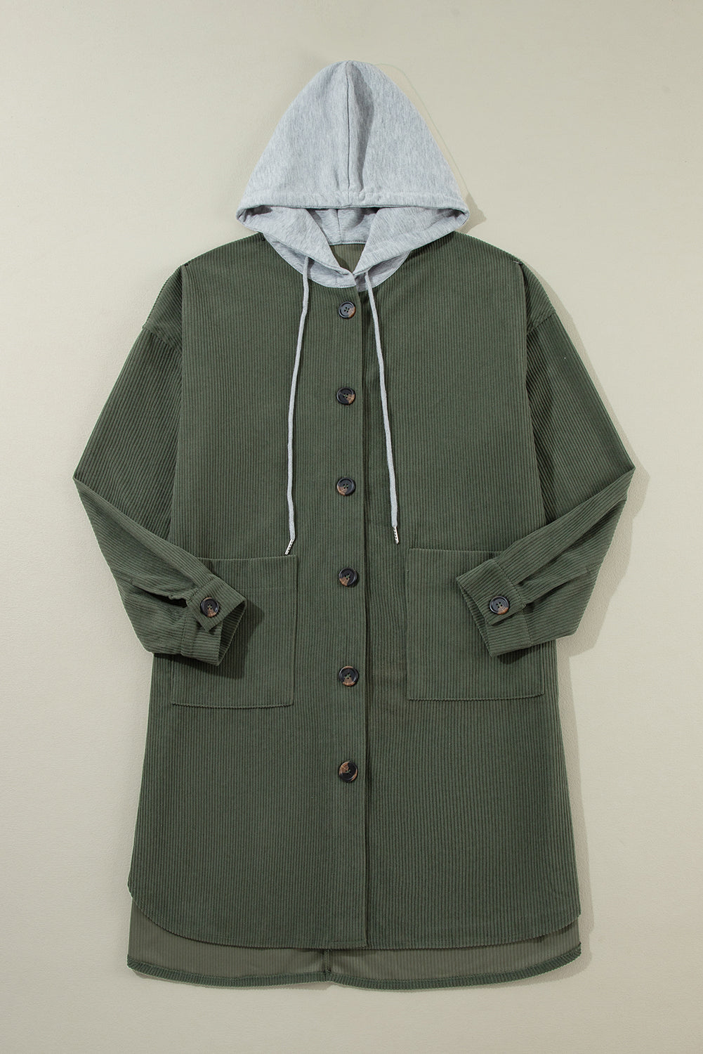 Jungle Green Oversized Hooded Patchwork Corduroy Shacket