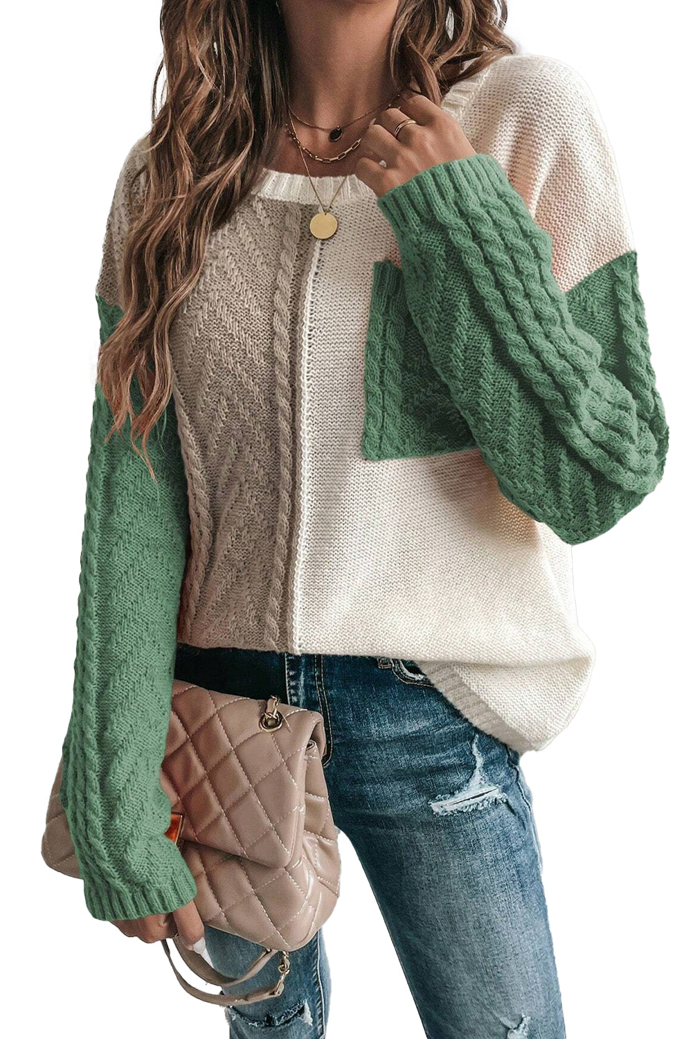 Rose Tan Colorblock Pocket Drop Shoulder Sweater