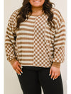 Khaki Striped Checkered Patchwork Ribbed Plus Size Top