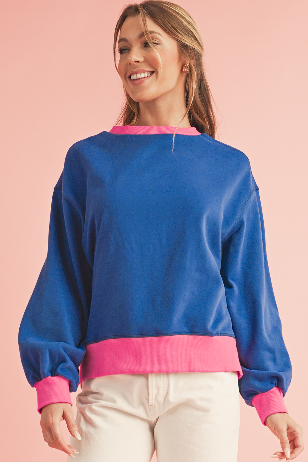 Blue Contrast Trim Bubble Sleeve Sweatshirt