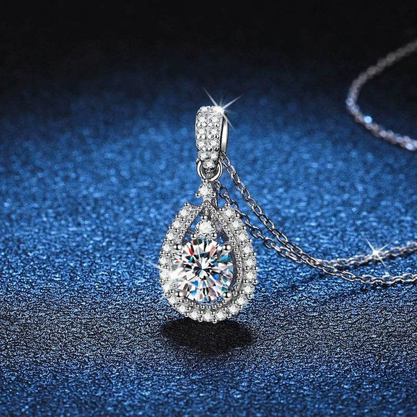 S925 High Carbon CZ Teardrop Halo Pendant Necklace with Pavé Top Frame