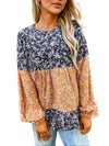 Blue Ditsy Floral Color Block Ruffle Hem Long Sleeve Top