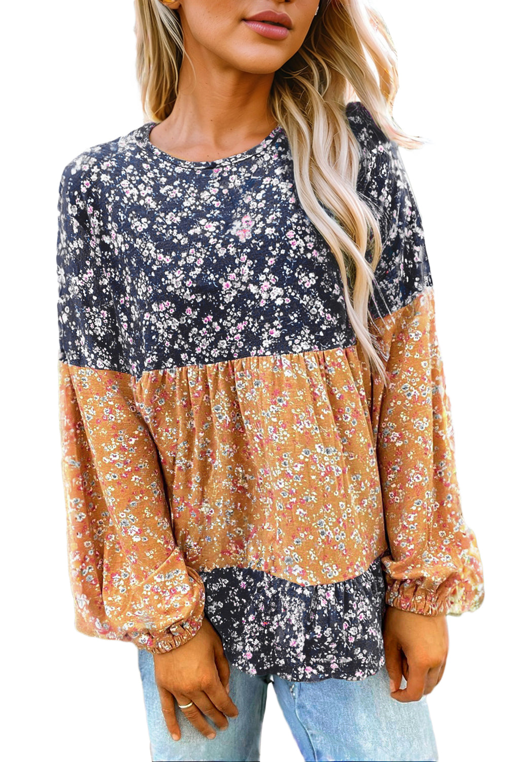 Blue Ditsy Floral Color Block Ruffle Hem Long Sleeve Top