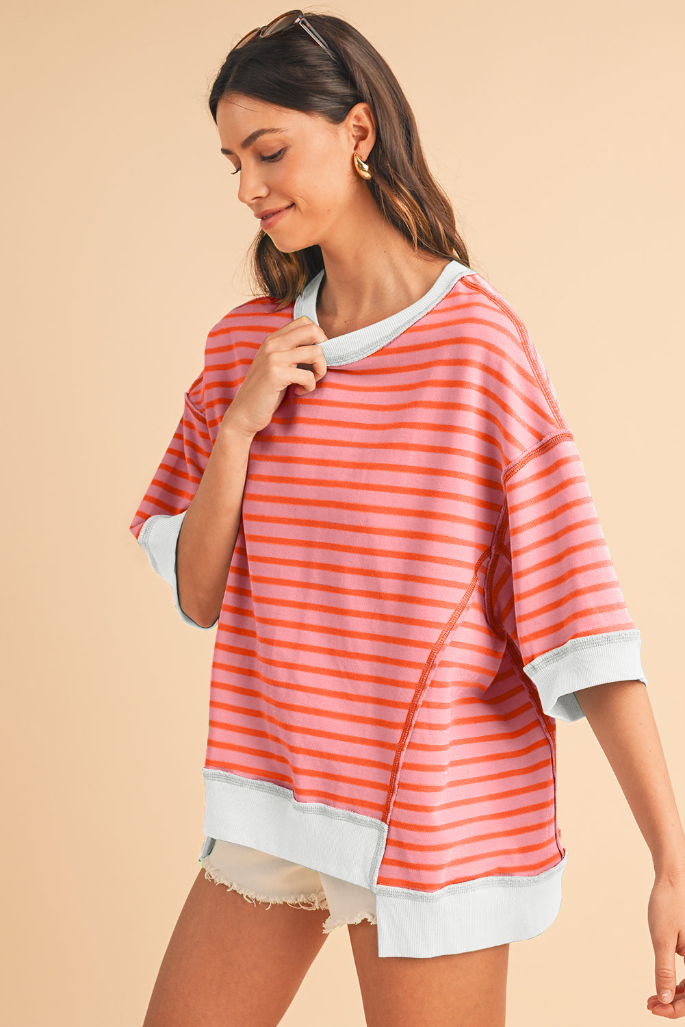 Sky Blue Stripe Contrast Drop Sleeve Loose Top