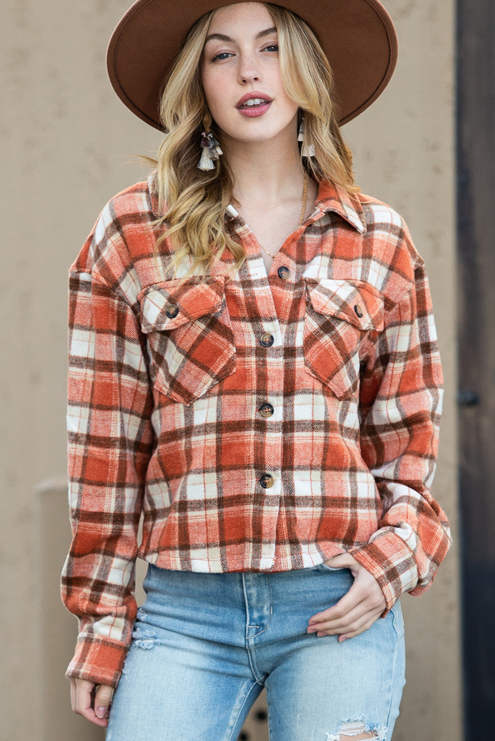 Orange Plaid Button-Up Flap Pocket Cropped Jacket