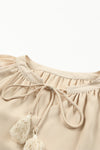 Beige Casual Leopard Sleeve Fringe Split Neck Blouse