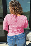 Pink Plus Size Bow Embroidered Mesh Long Sleeve Top