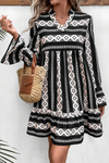 Black Boho Geometric Printed Flared Long Sleeve Mini Dress - Cocoa Yacht Club