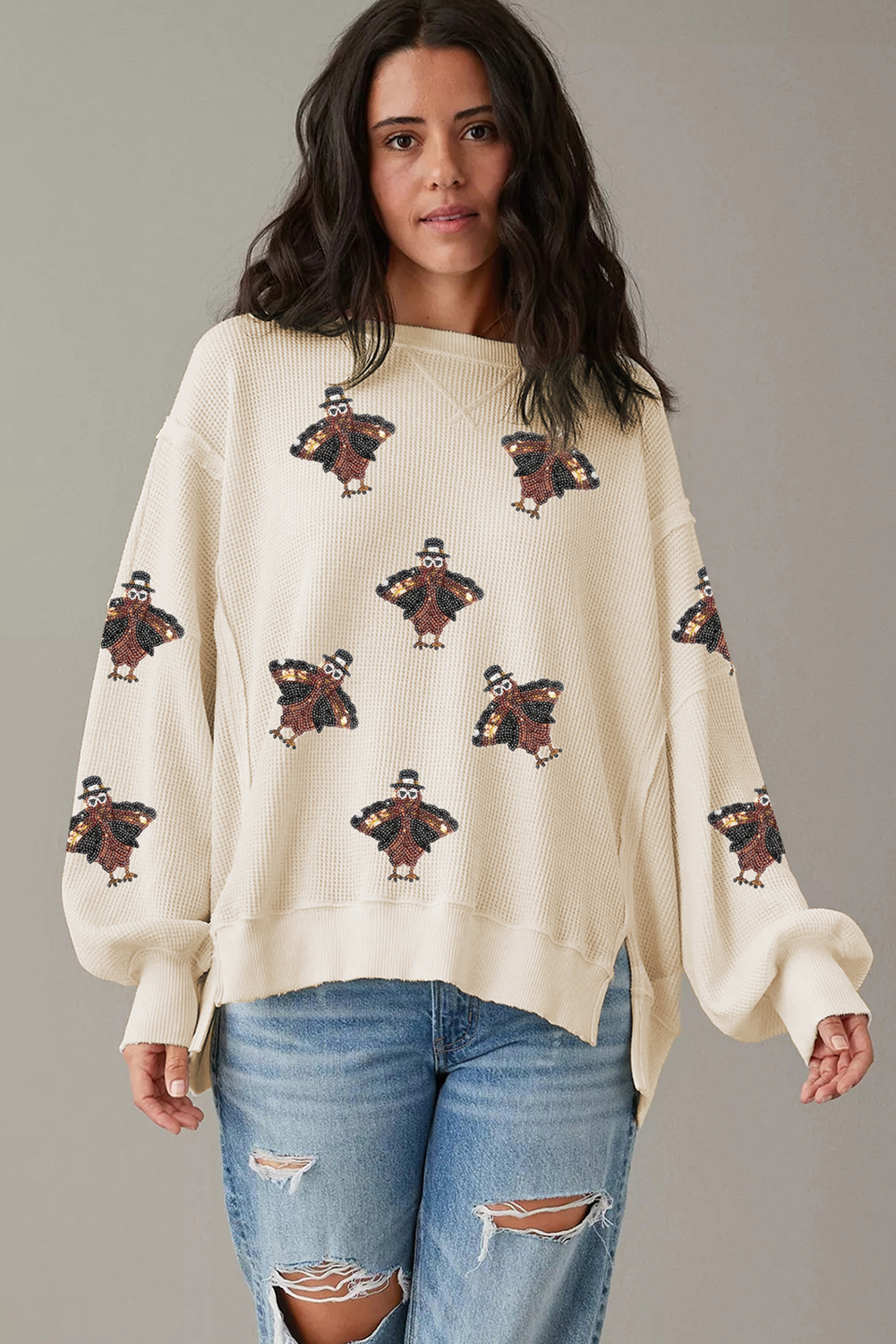 White SequinsTurkey Waffle Oversized Knit Long Sleeve Top