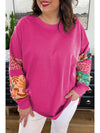 Rose Red Leopard Patchwork Sleeve Split Plus Sweatshirt