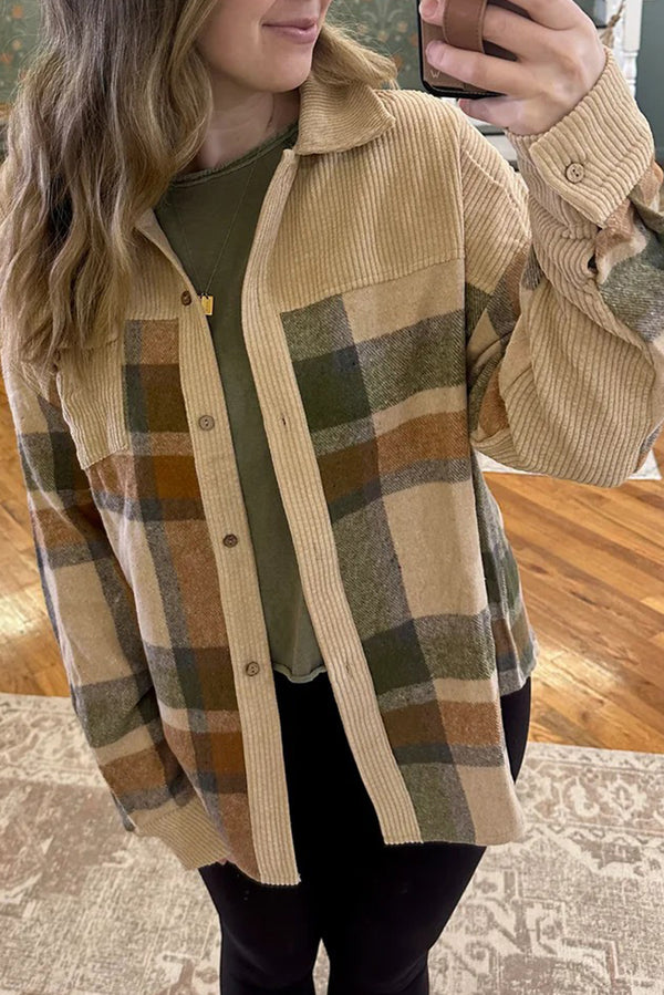 Parchment Plaid Patchwork Long Sleeve Shacket