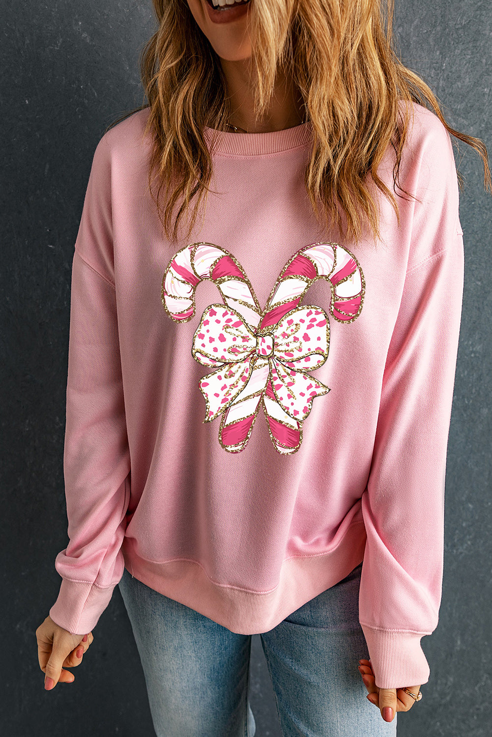 Pink Christmas Bow Candy Cane Graphic Drop Shoulder Crew Neck Sweatshirt