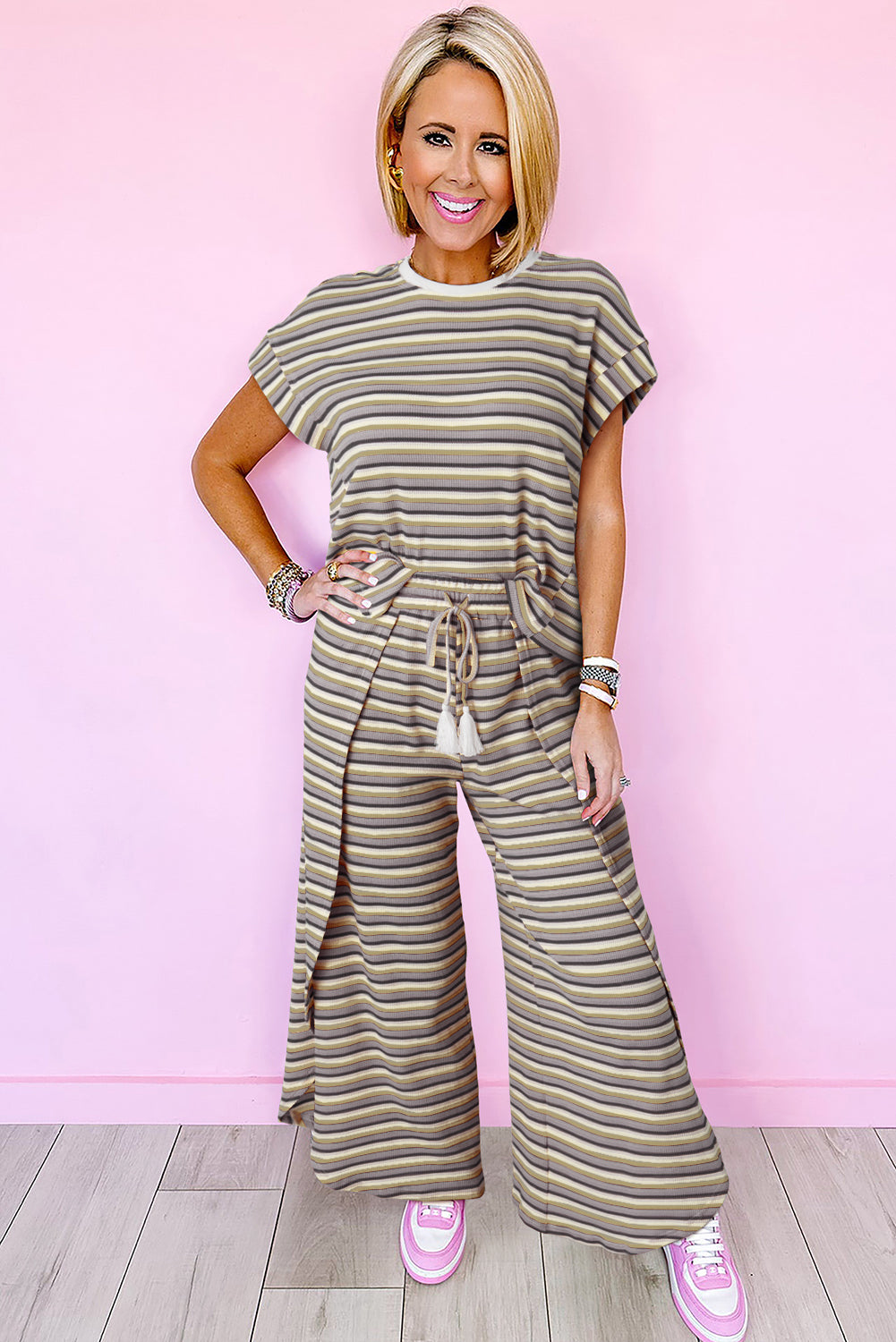 Pink Stripe Rainbow Tee and Tassel Drawstring Wide Leg Pants Set