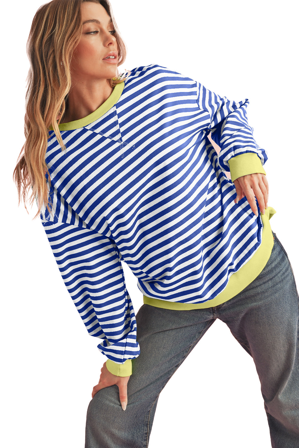 Green Stripe Contrast Edge Oversized Sweatshirt