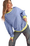 Blue Stripe Contrast Edge Cross Seam Oversized Pullover