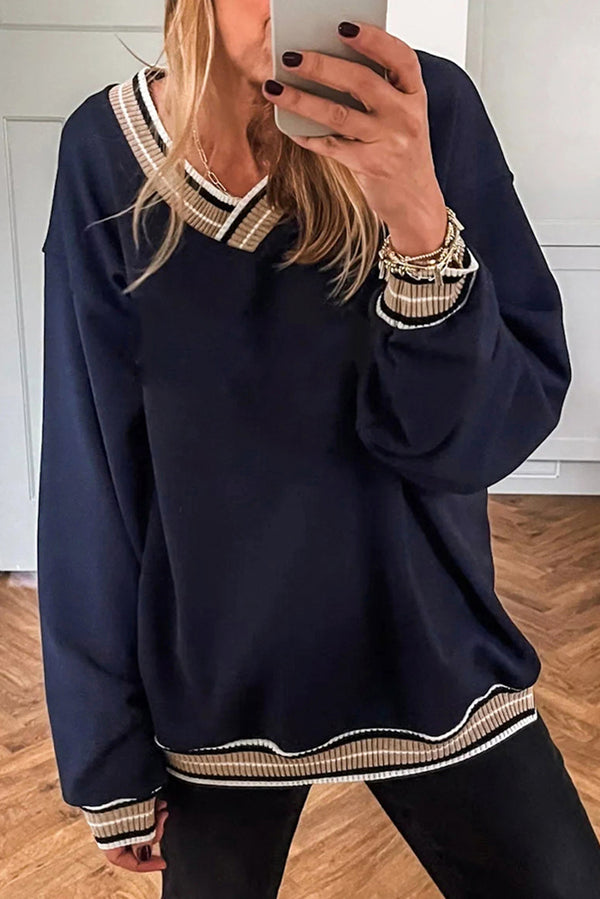 Navy Blue Varsity Contrast Trim V Neck Sweatshirt