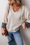 Beige Floral Patchwork Textured Drawstring V Neck Top