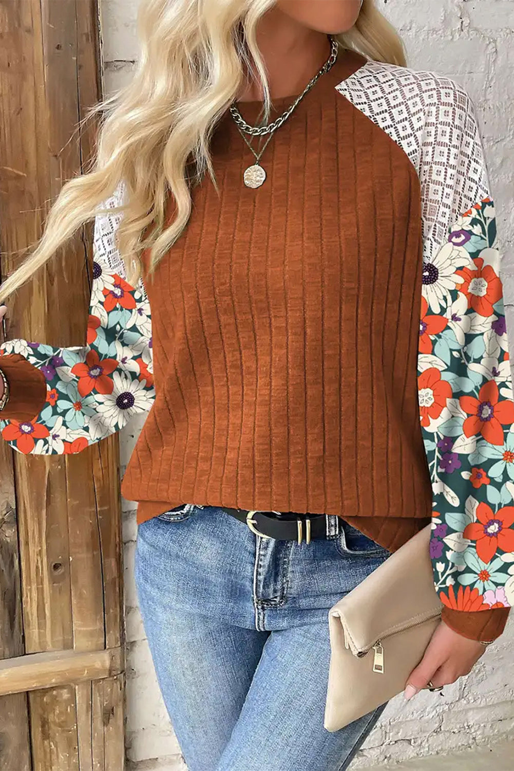 Parchment Floral Patchwork Raglan Sleeve Ribbed Blouse