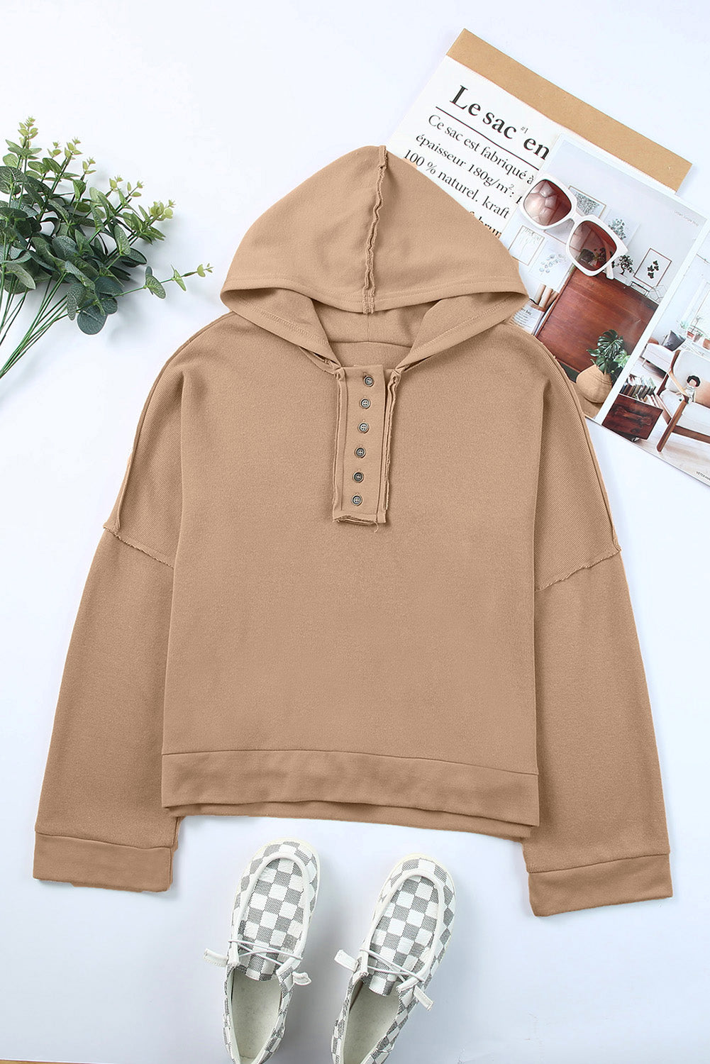 Khaki Solid Color Casual Button Seam Trim Hoodie