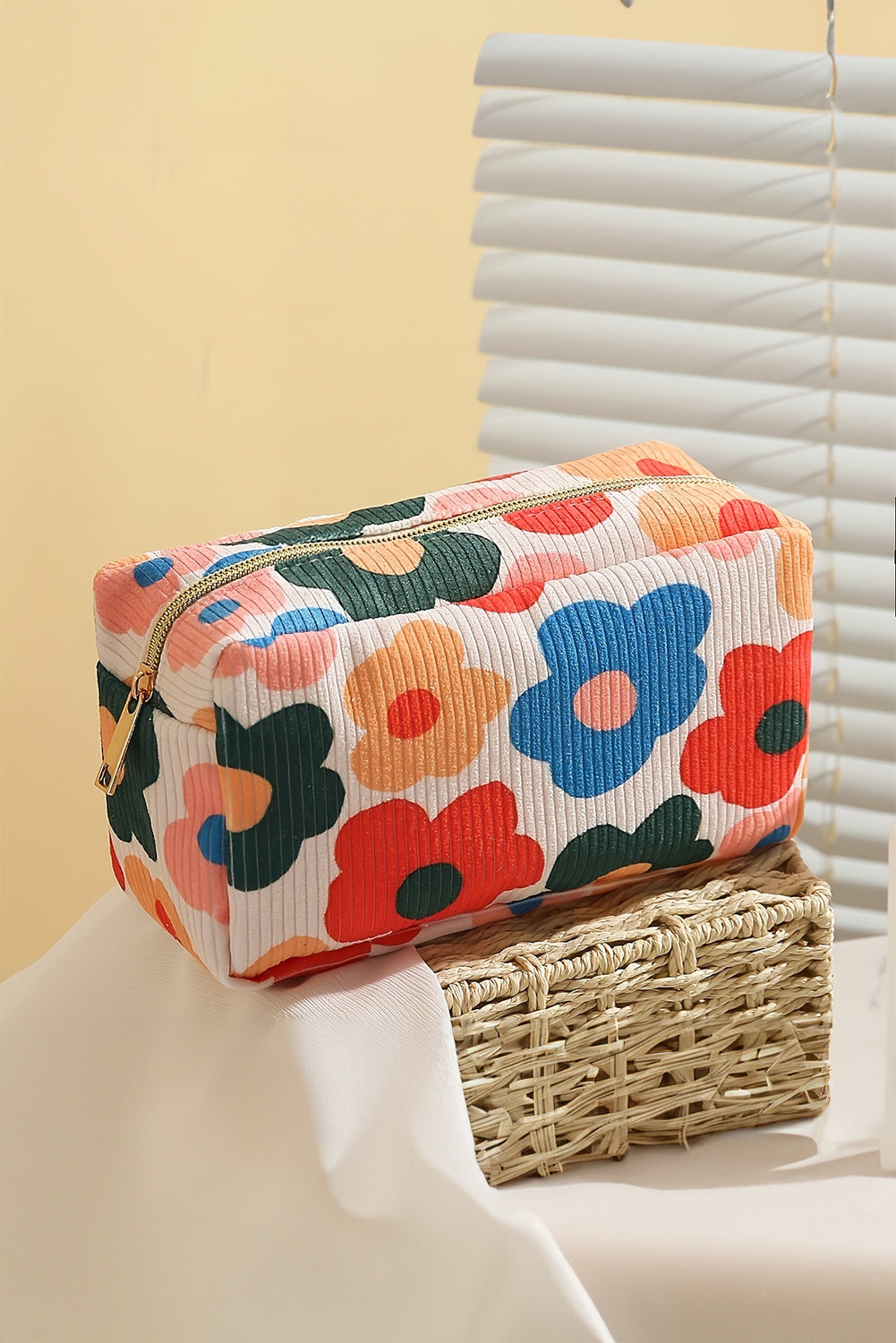 White Cute Flower Print Zipper Square Corduroy Cosmetic Bag