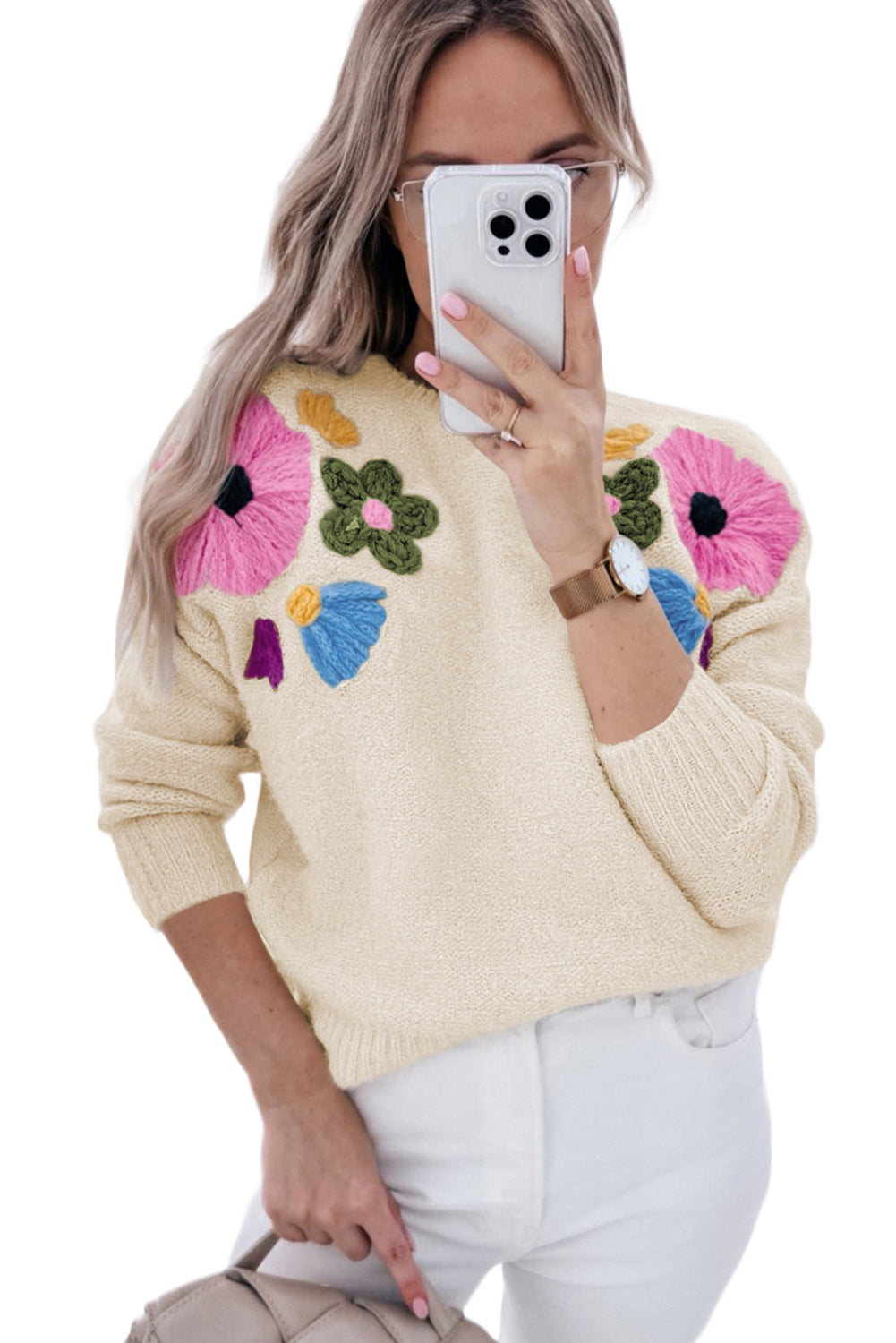 Beige 60s Flower Pattern Knitted Sweater