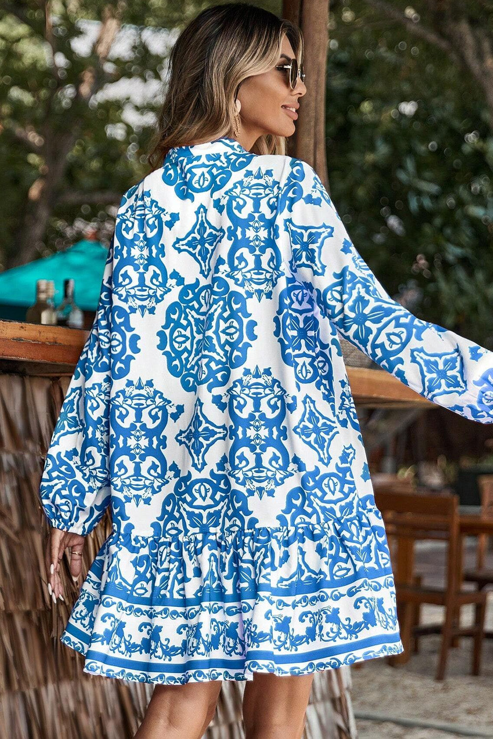 Sky Blue Ethnic Print Button Up Notch Neck Loose Mini Dress