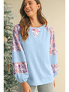 Beau Blue Crinkle Rib Floral Patchwork Balloon Sleeve Top