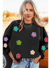 Black Flower Chenille Glitter Embroidered Ribbed Sweatshirt