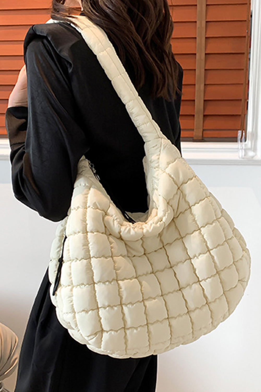 Beige Quilted Puffy Large Shoulder Bag