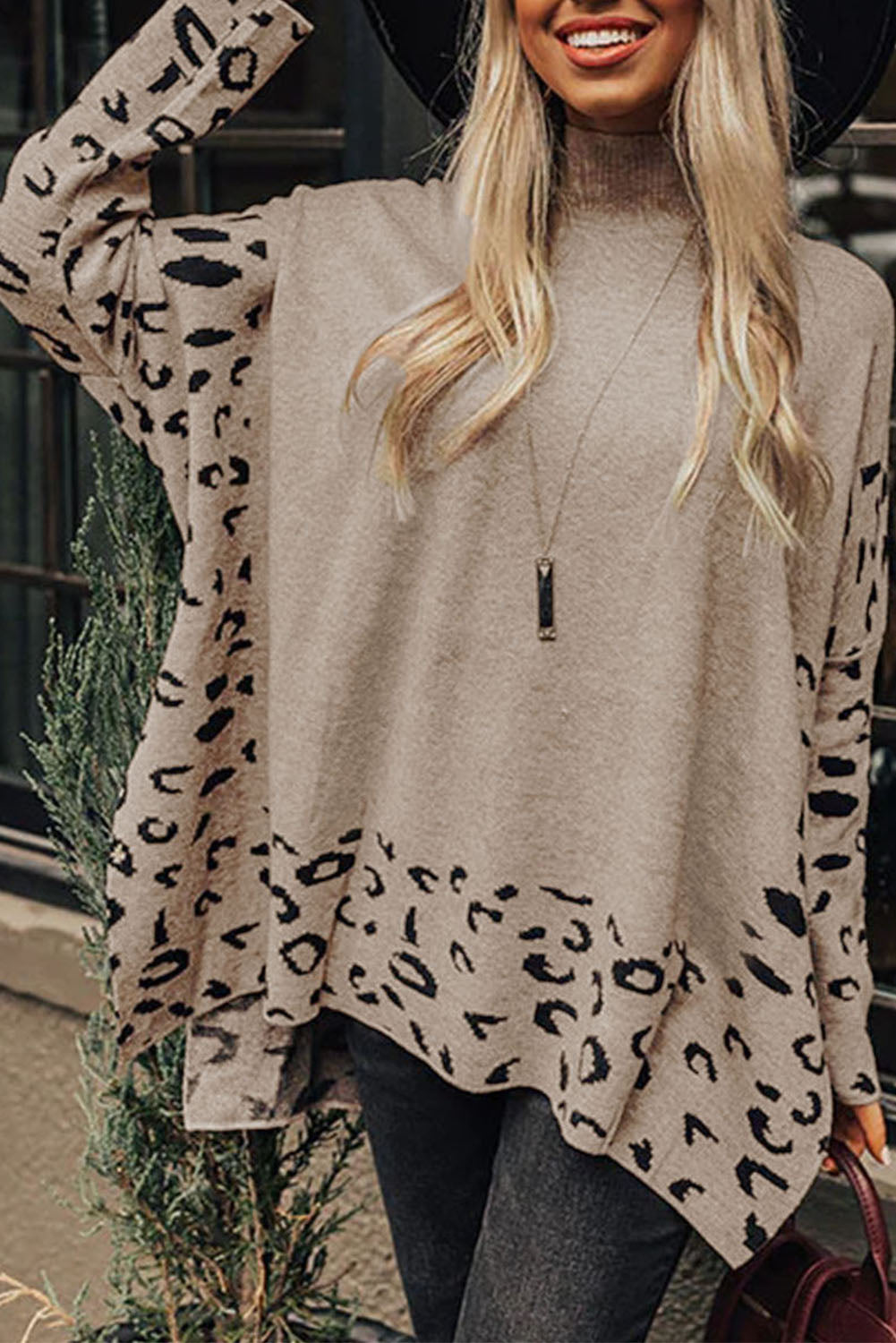 Gray Leopard Casual Side Slit High Neck Oversized Sweater