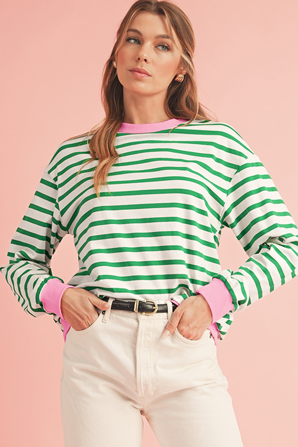 Bright Green Striped Contrast Trim Long Sleeve Top