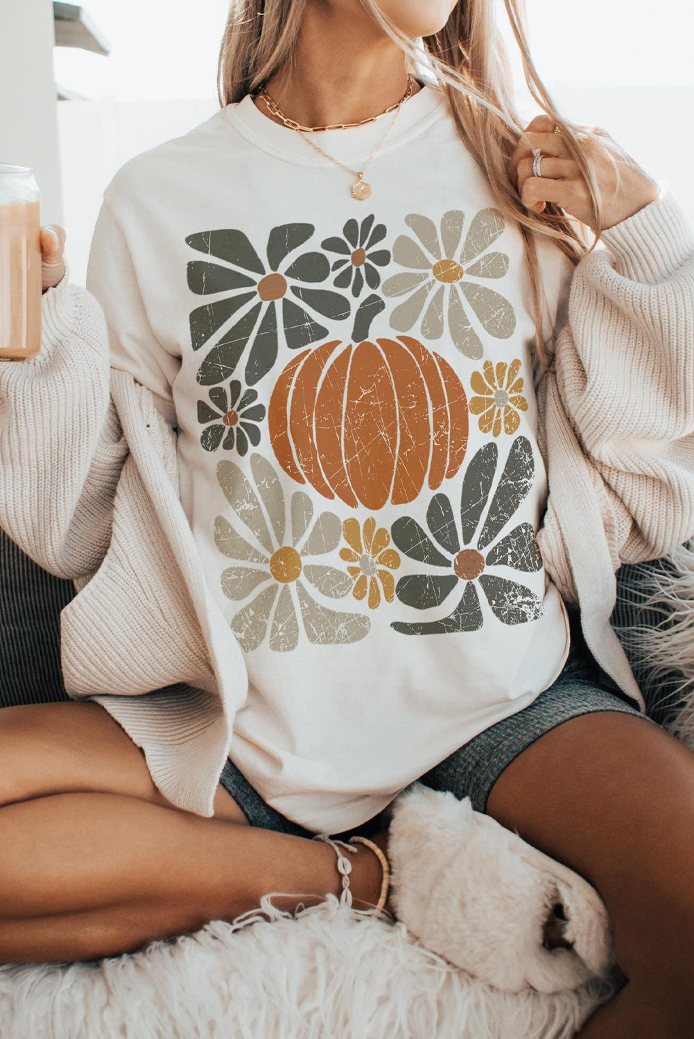 White Thanksgiving Pumpkin Floral Print Graphic Tee