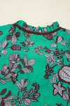 Green Leaves Print Contrast Trim V Neck Shirred Puff Sleeve Blouse
