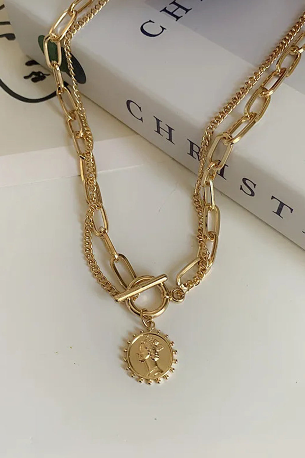 Gold Plated Vintage Carved Coin Pendant Link Chain Necklace