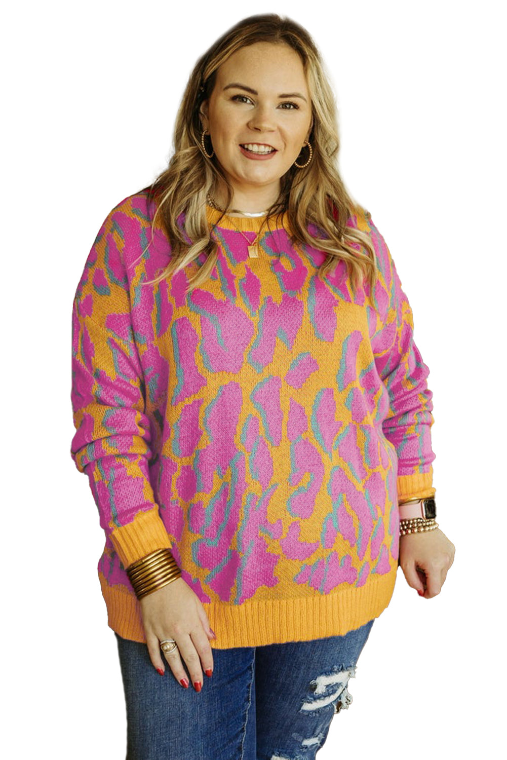 Bright Pink Plus Size Leopard Ribbed Trim Sweater