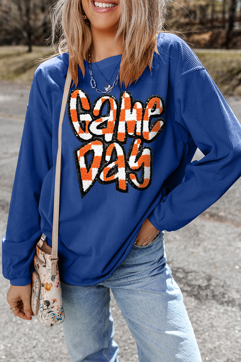 Dark Blue Game Day Graphic Drop Shoulder Corded Sweatshirt