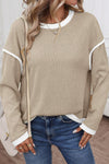 Beige Contrast Color Trim Knit Drop Shoulder Loose Top