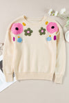 Crochet Flower Round Neck Dropped Shoulder Sweater - Cocoa Yacht Club