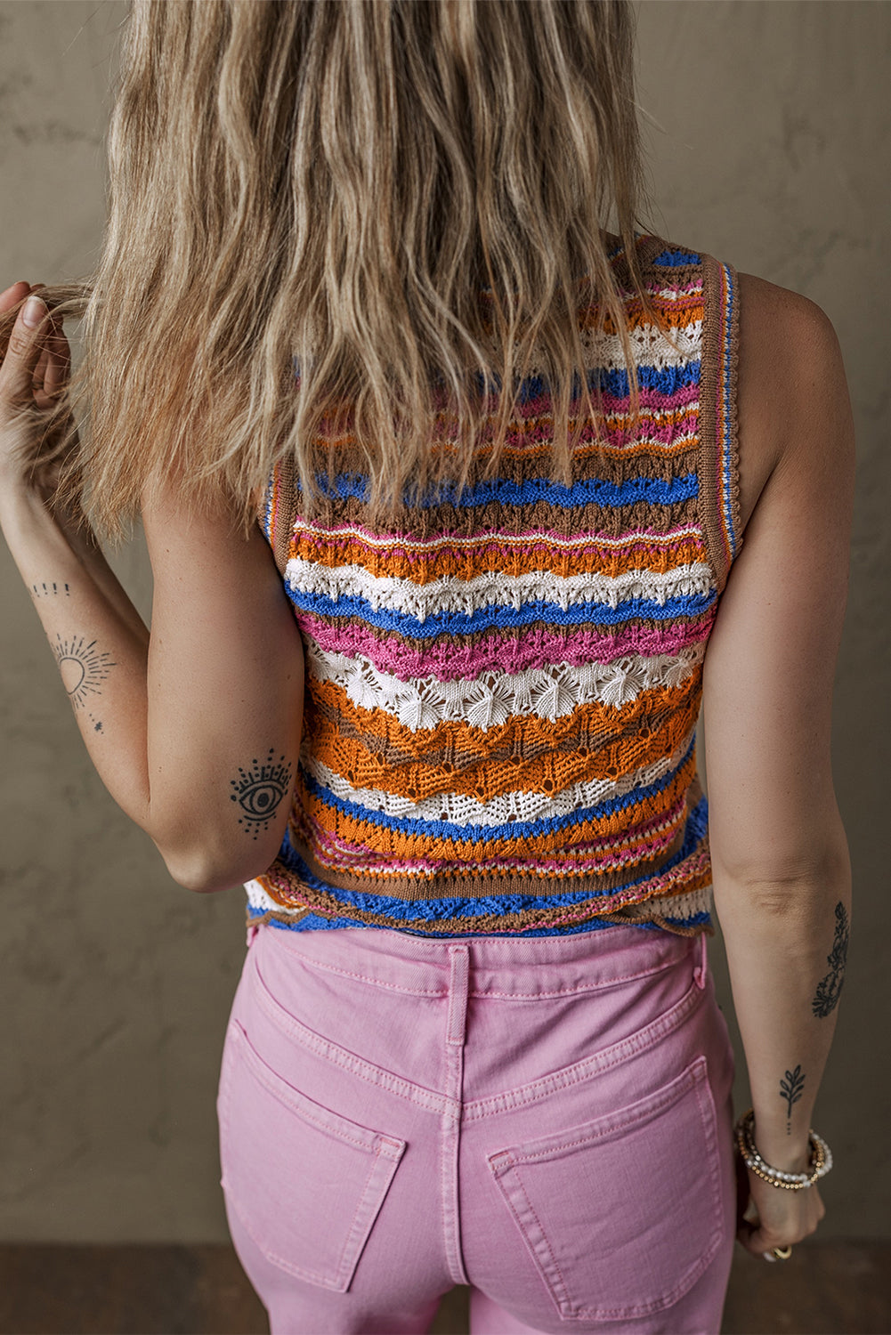 Dark Blue Striped Textured Knit Crew Neck Sweater Vest