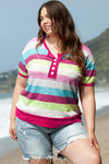 Rose Stripe Colorblock Plus Size Knit Henley Top