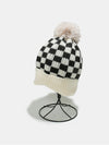 Checkered Knit Hat with Pompom